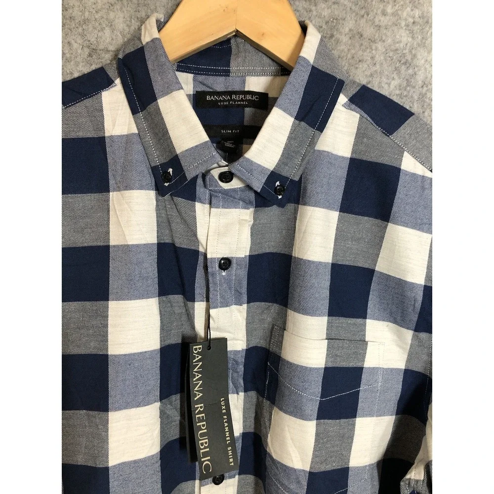 Banana Republic Shirt MT Blue Check Luxe Flannel Slim Fit New w Tags